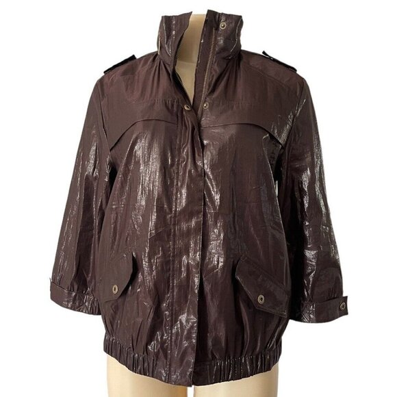 Chico’s 80’s Wet Look Brown Shiny Bomber Jacket Hooded 3/4 sleeve Size 1 / Med - Picture 2 of 12